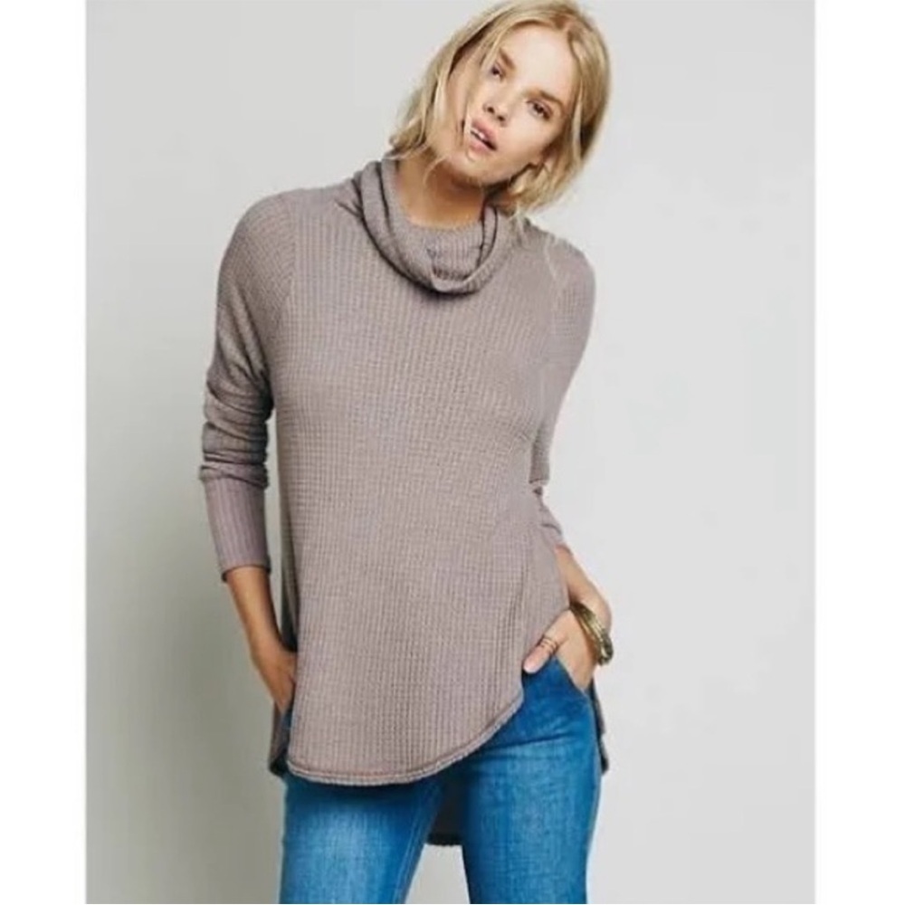 FREE PEOPLE Kristina Drippy Striped Thermal Waffle knit Long Sleeve Cowlneck Top